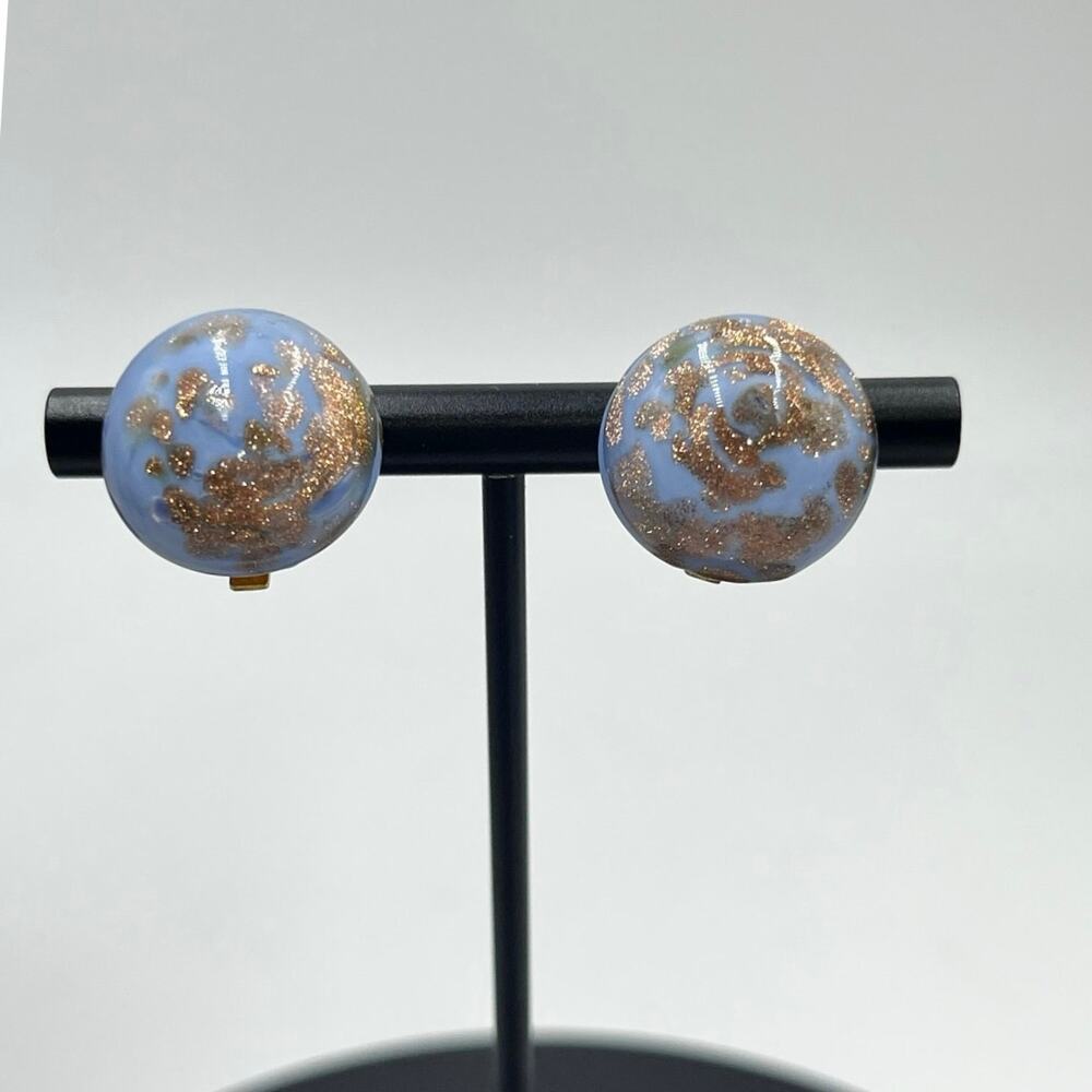 Vintage Italian Murano Glass Italy Blue and Gold Button Bubble Clip‎ On Earrings